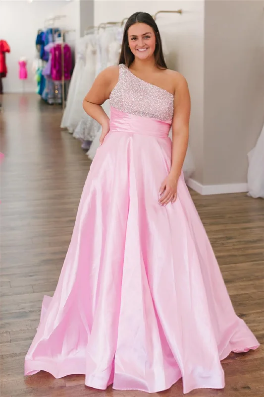 Pink One Shoulder Beaded Top Empire Satin Long Prom Dress